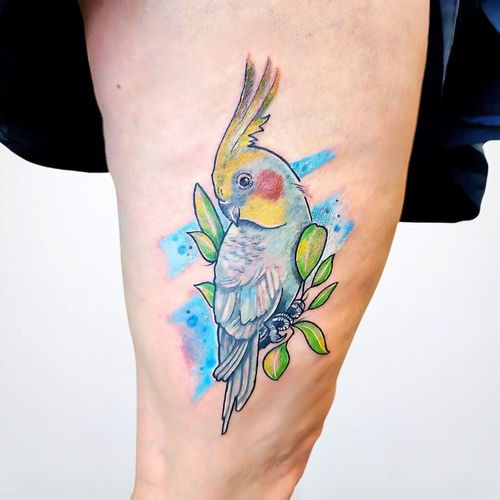 Color Tattoo in Widnau mit Vogelmotiv – Sittich auf Ast mit buntem Hintergrund